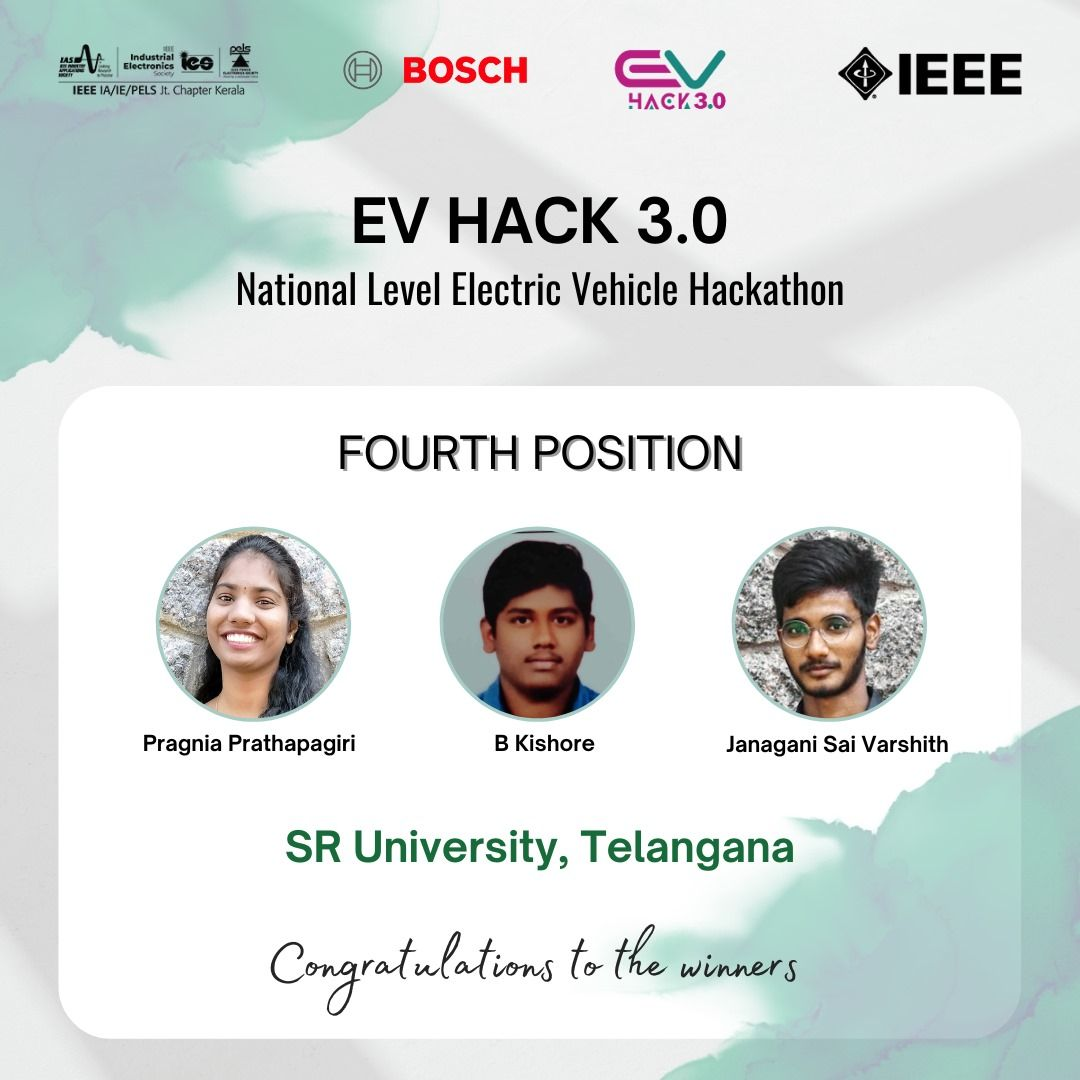Congratulation Interns of CAIDL from school of engineering for securing 4th position in the winners
list of EV Hack 3.0, a National Level Electric Vehicle Hackathon organized by Bosch and IEEE Kerala
Section.